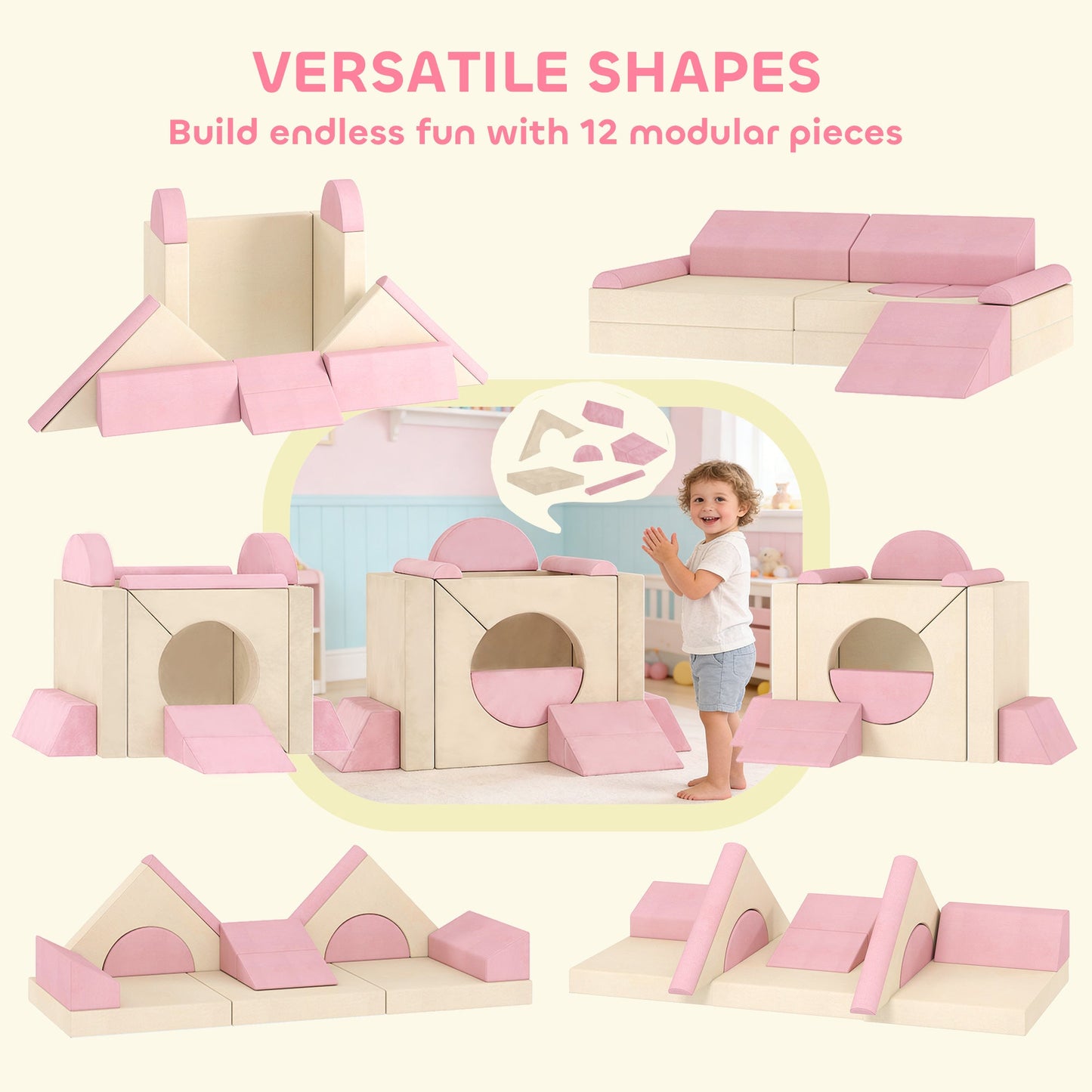 AIYAPLAY Kids Play Sofa, 12 Pieces Foam Modular Soft Play Set for Playroom, Children Convertible Sofa for Boys and Girls, Pink