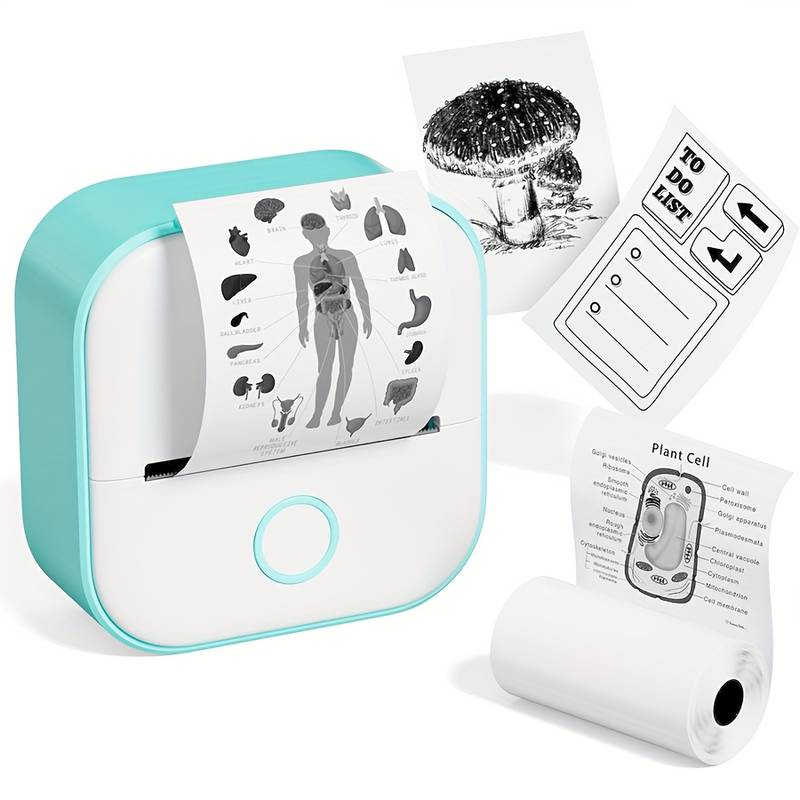 Small printer with printed materials on a white background