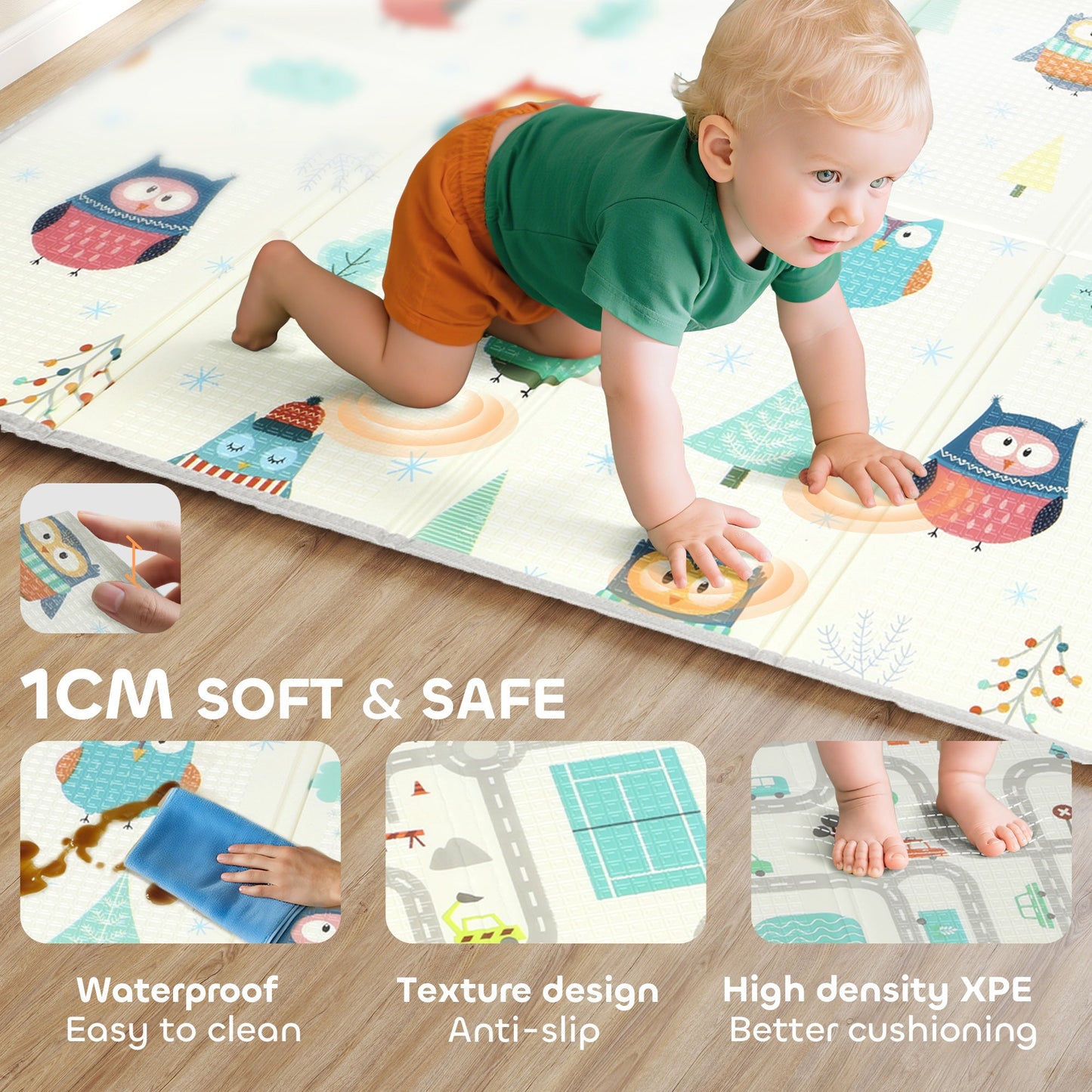 AIYAPLAY Foldable Baby Plat Mat Double Sided, Kids Floor Mat for Crawling, 200L x 150W cm, Car track and Owl Theme