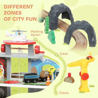 AIYAPLAY 79 Piece Wooden Train Set, Kids Train Track Mine Themed with Crane, Helicopter