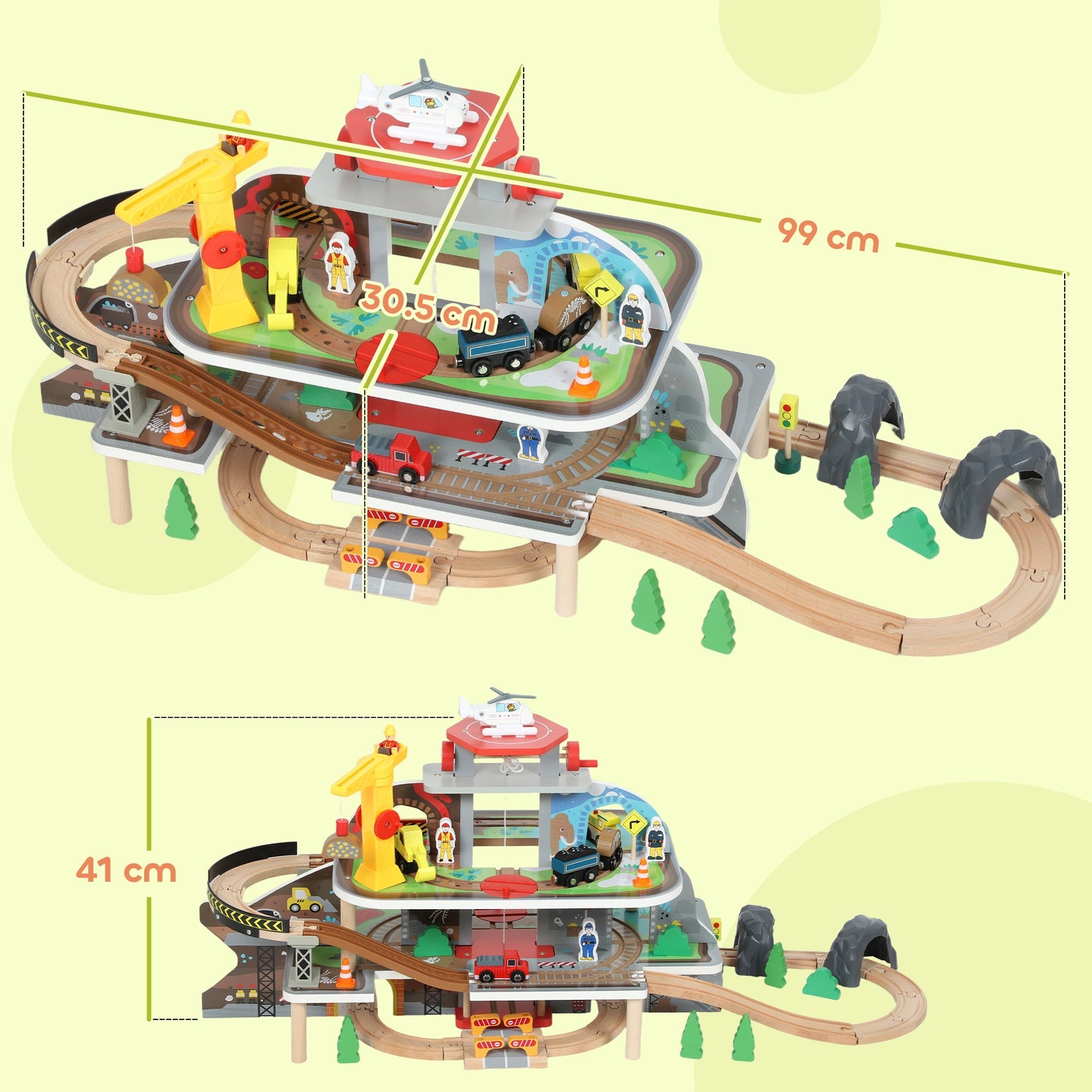 AIYAPLAY 79 Piece Wooden Train Set, Kids Train Track Mine Themed with Crane, Helicopter