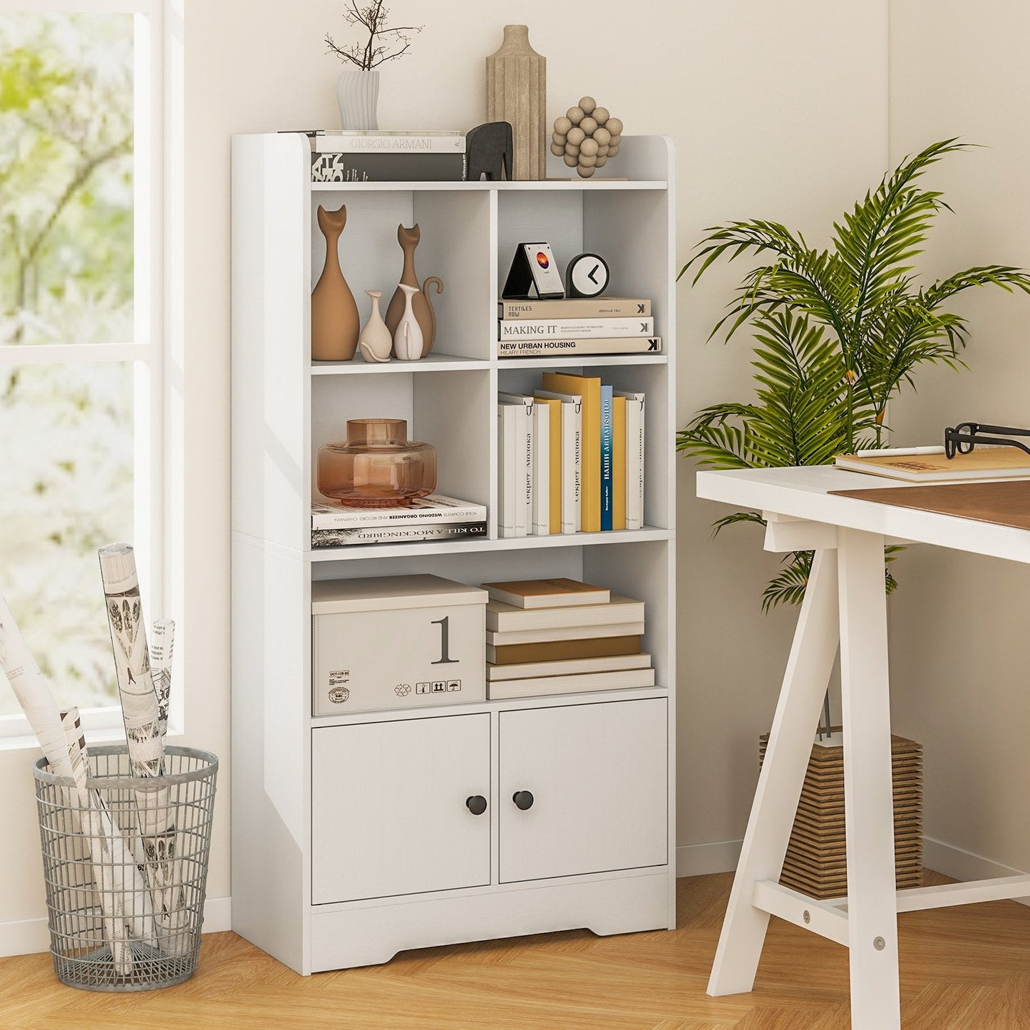 5-Cubby Bookshelf with 2 Storage Cabinets