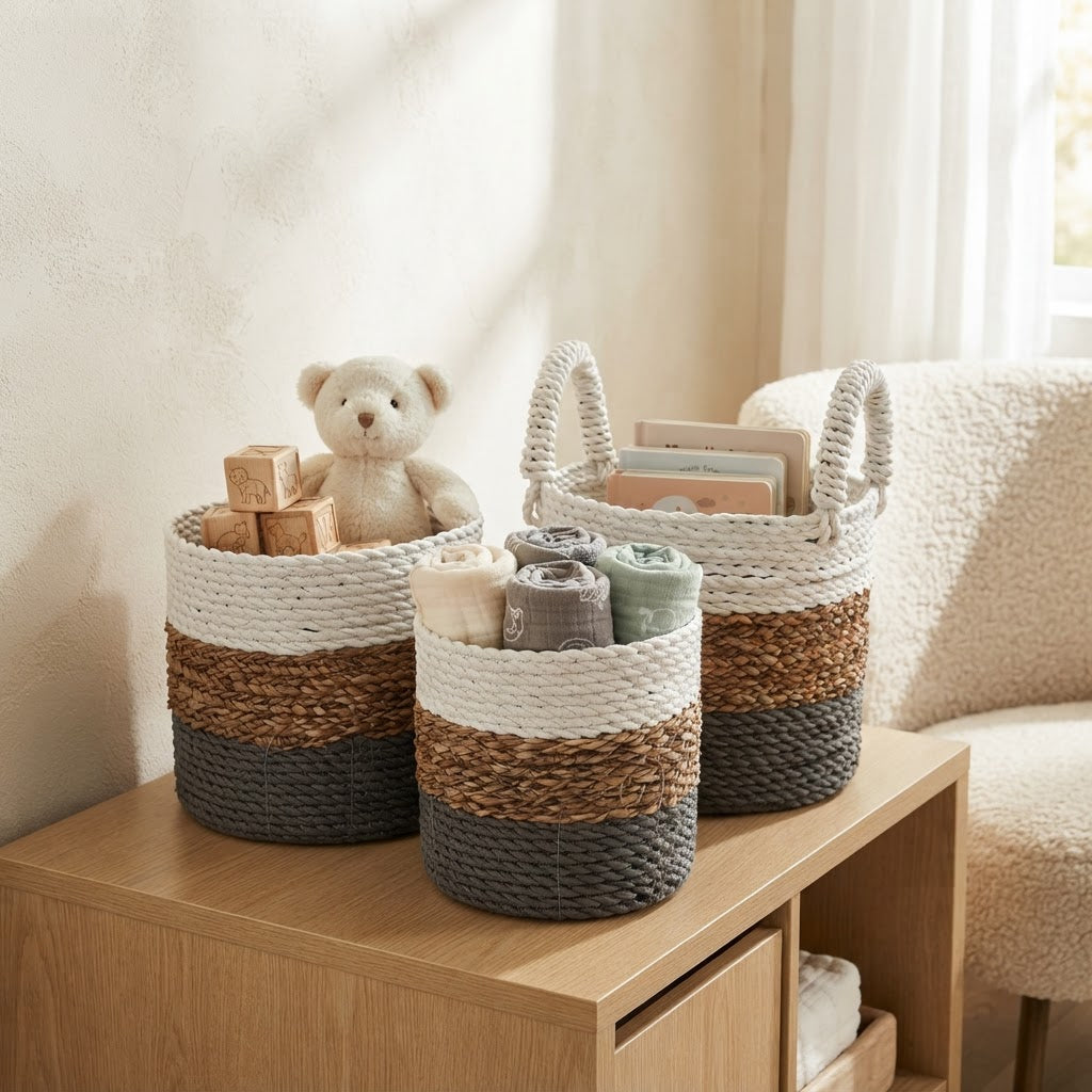 Soft Grey Seagrass Storage Basket Set
