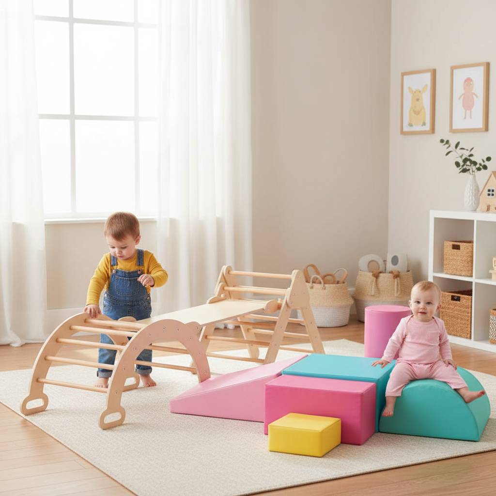 7-in-1 Wooden Climbing Set with 6-Piece Soft Play