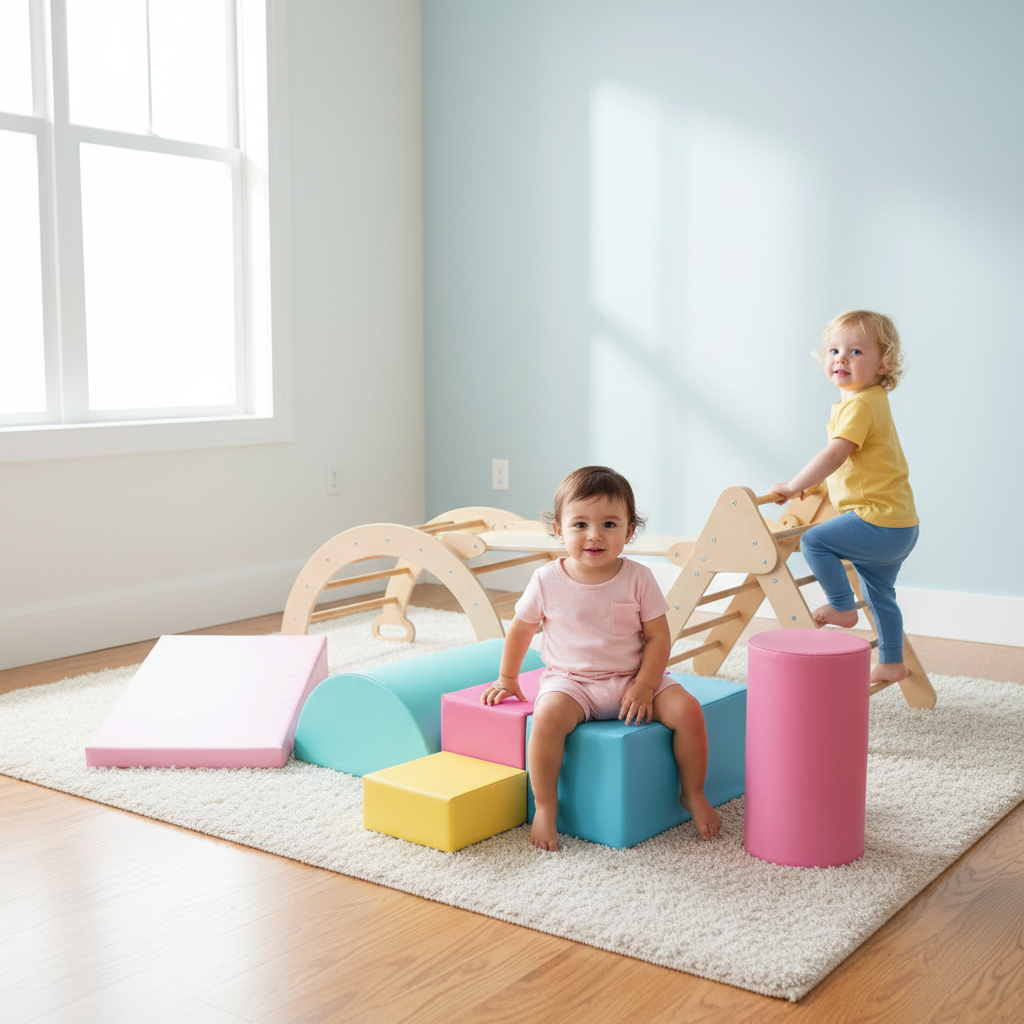 7-in-1 Wooden Climbing Set with 6-Piece Soft Play