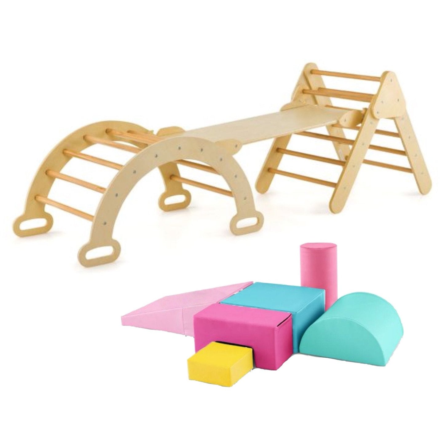 7-in-1 Wooden Climbing Set with 6-Piece Soft Play
