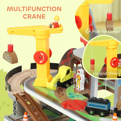 AIYAPLAY 79 Piece Wooden Train Set, Kids Train Track Mine Themed with Crane, Helicopter