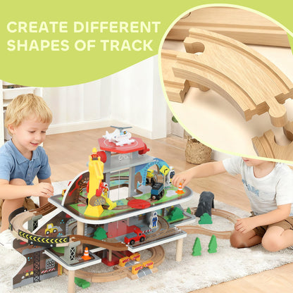 AIYAPLAY 79 Piece Wooden Train Set, Kids Train Track Mine Themed with Crane, Helicopter