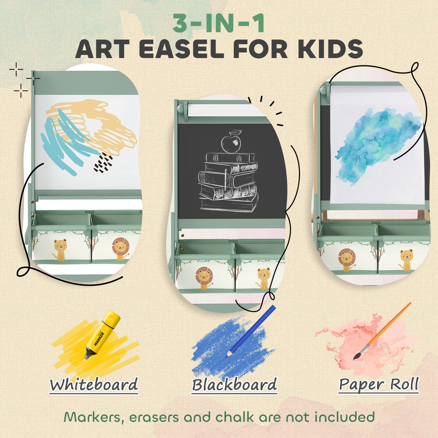 AIYAPLAY Art Easel for Kids, Double-Sided Whiteboard/Blackboard with Paper Roll, Two Storage Boxes, for Ages 3-8 Years, Green