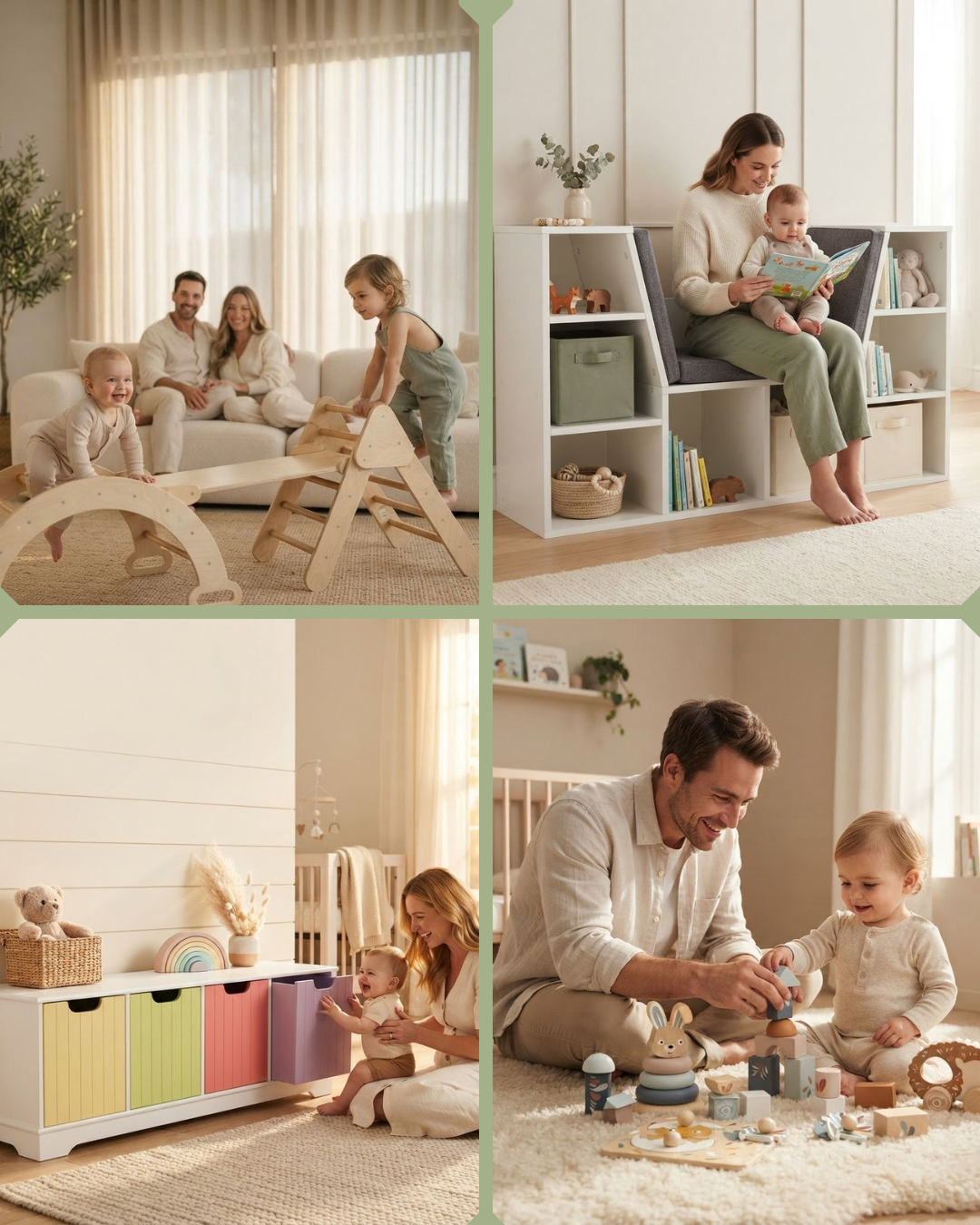 A four-panel lifestyle collage showing families and children interacting with a white modular storage bench and colorful toy bins in a bright, modern nursery or playroom. The scenes feature a woman holding a baby, a family playing on a wooden climbing structure, a man and child playing with toys on a white rug, and a woman sitting by the bench organizing toys in pastel bins.