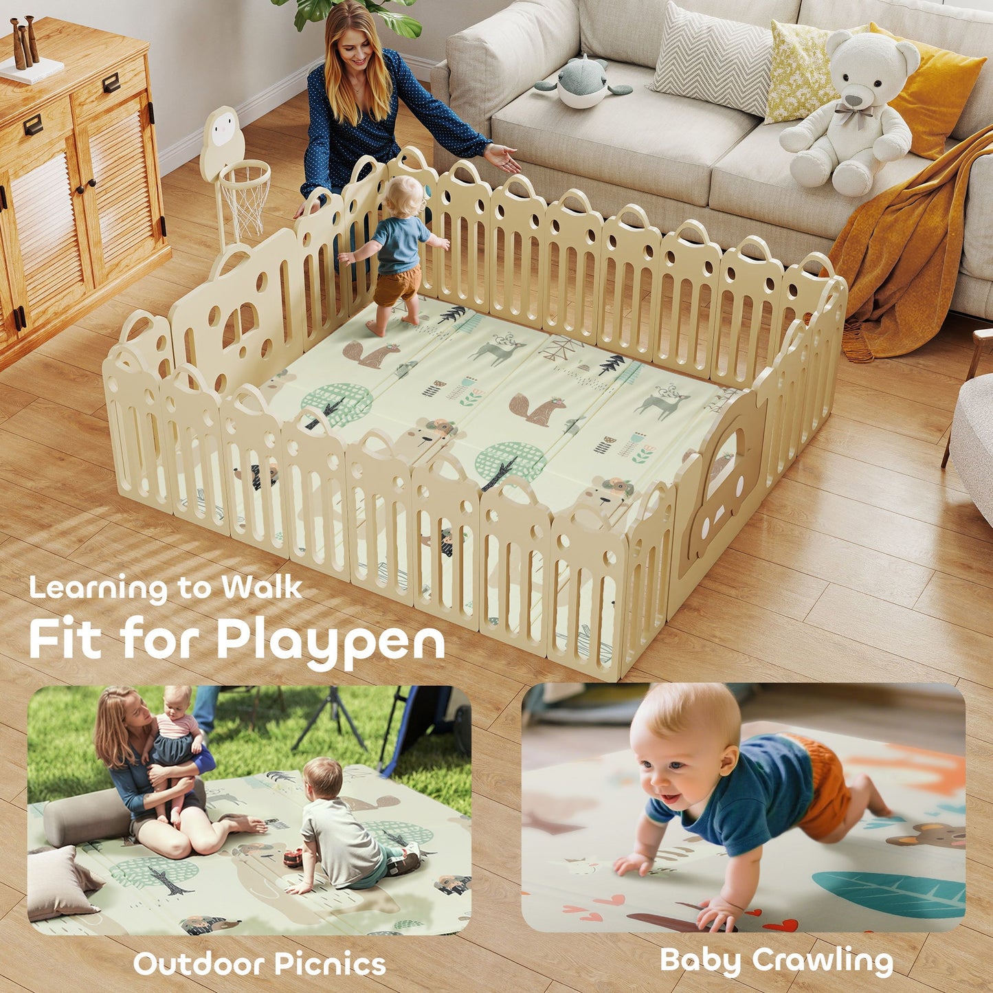 AIYAPLAY Baby Play Mat, Double Sideded Foldable Kids Crawling Mat, Reversible & Waterproof, Animal