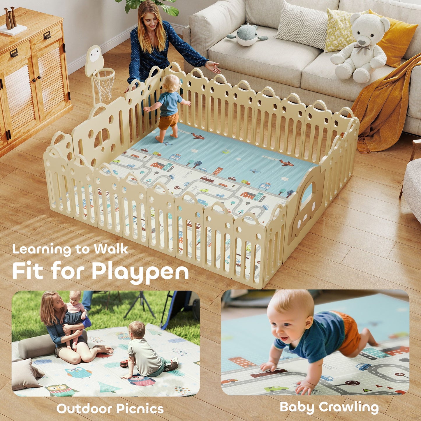 AIYAPLAY Foldable Baby Plat Mat Double Sided, Kids Floor Mat for Crawling, 200L x 150W cm, Car track and Owl Theme