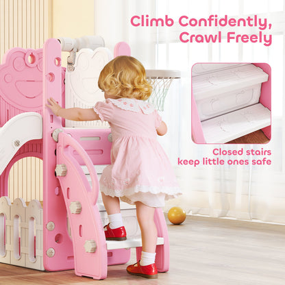 AIYAPLAY 5 in 1 Kids Slide Set with Basketball Hoop, Climbing Frame, Telescope, Storage Box for Toddlers Ages 1-3, Pink
