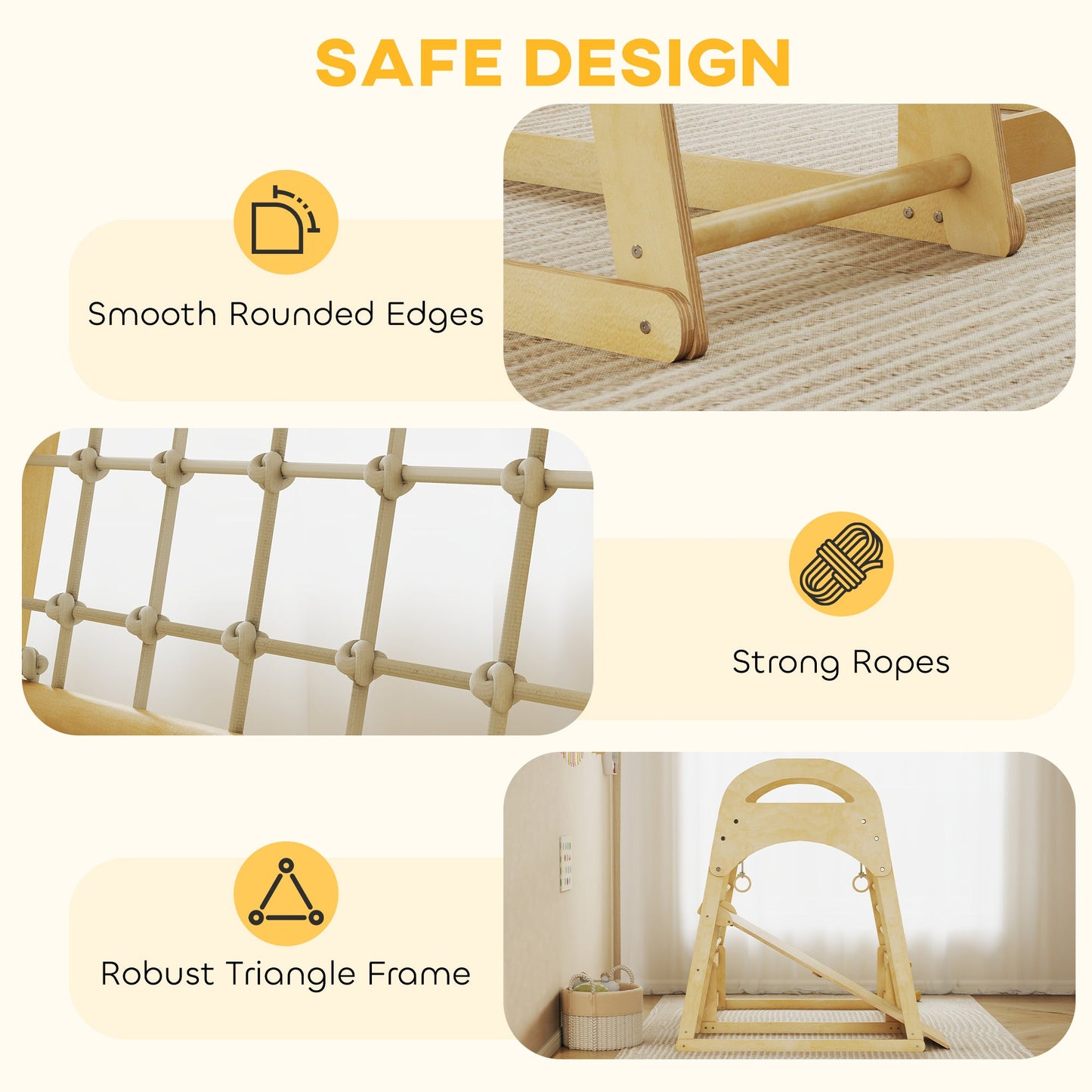 AIYAPLAY 6 in 1 Kids Climbing Frame with Slide, Monkey Bars, Gymnastics Rings, Ladder, Climbing Net, for 3-6 Years, Natural Tone